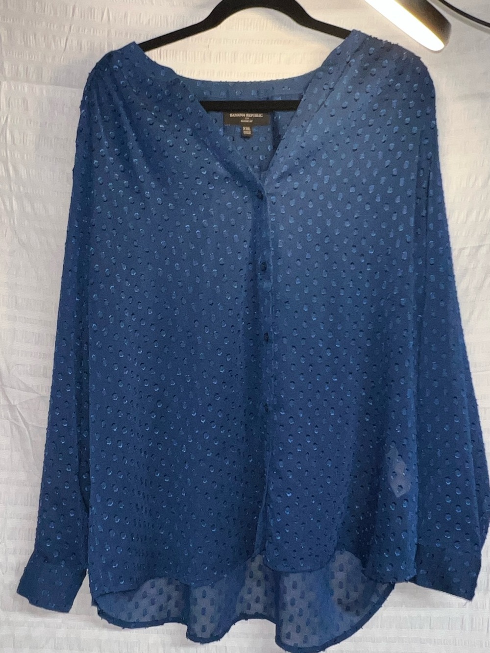 Banana Republic Navy Blue Swiss Dot V-Neck Long Sleeve Blouse